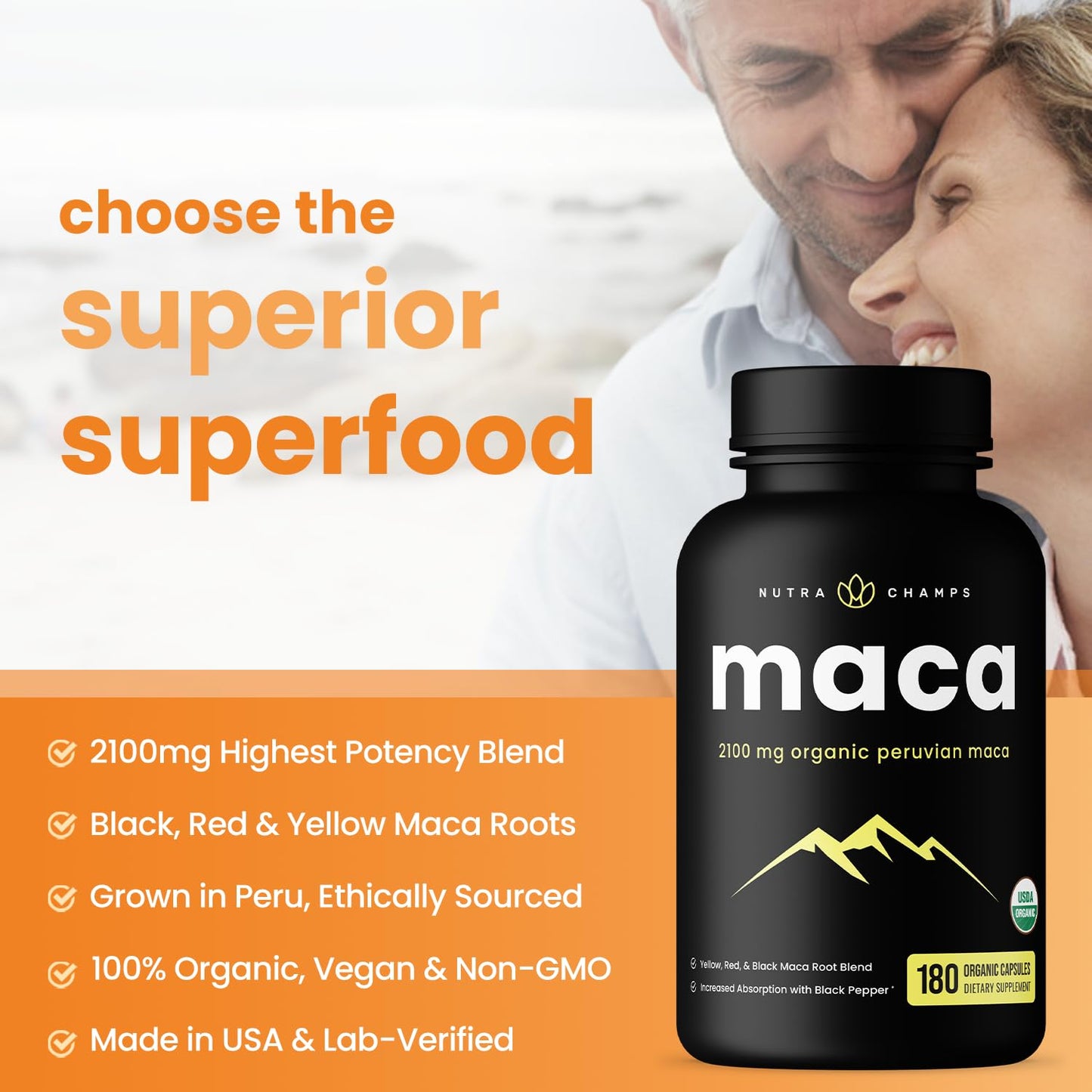 NutraChamps USDA Organic Maca Root Capsules – 2100mg, 180 Count