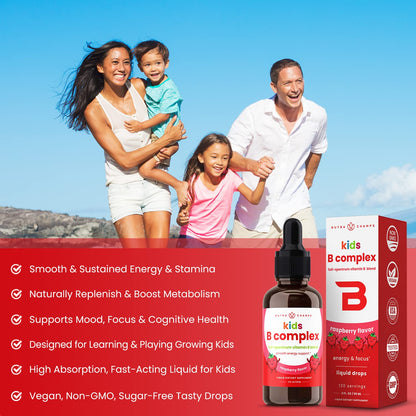 NutraChamps Vitamin B Complex for Kids | B1 B2 B3 B6 B7 B9 & Methyl B12 | Natural Berry Liquid Drops | 120 Servings