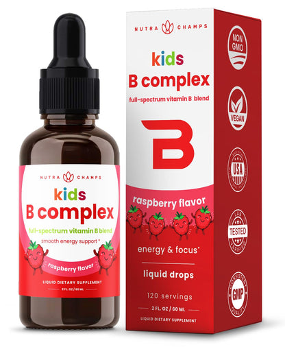 NutraChamps Vitamin B Complex for Kids | B1 B2 B3 B6 B7 B9 & Methyl B12 | Natural Berry Liquid Drops | 120 Servings