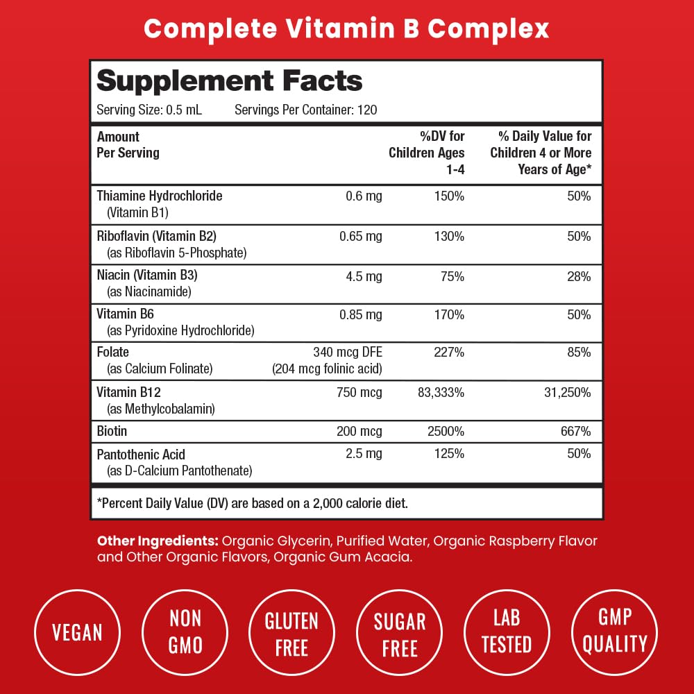 NutraChamps Vitamin B Complex for Kids | B1 B2 B3 B6 B7 B9 & Methyl B12 | Natural Berry Liquid Drops | 120 Servings