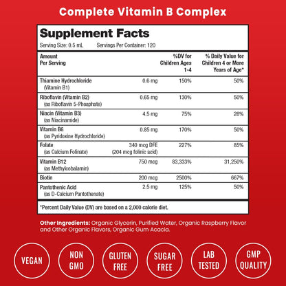 NutraChamps Vitamin B Complex for Kids | B1 B2 B3 B6 B7 B9 & Methyl B12 | Natural Berry Liquid Drops | 120 Servings