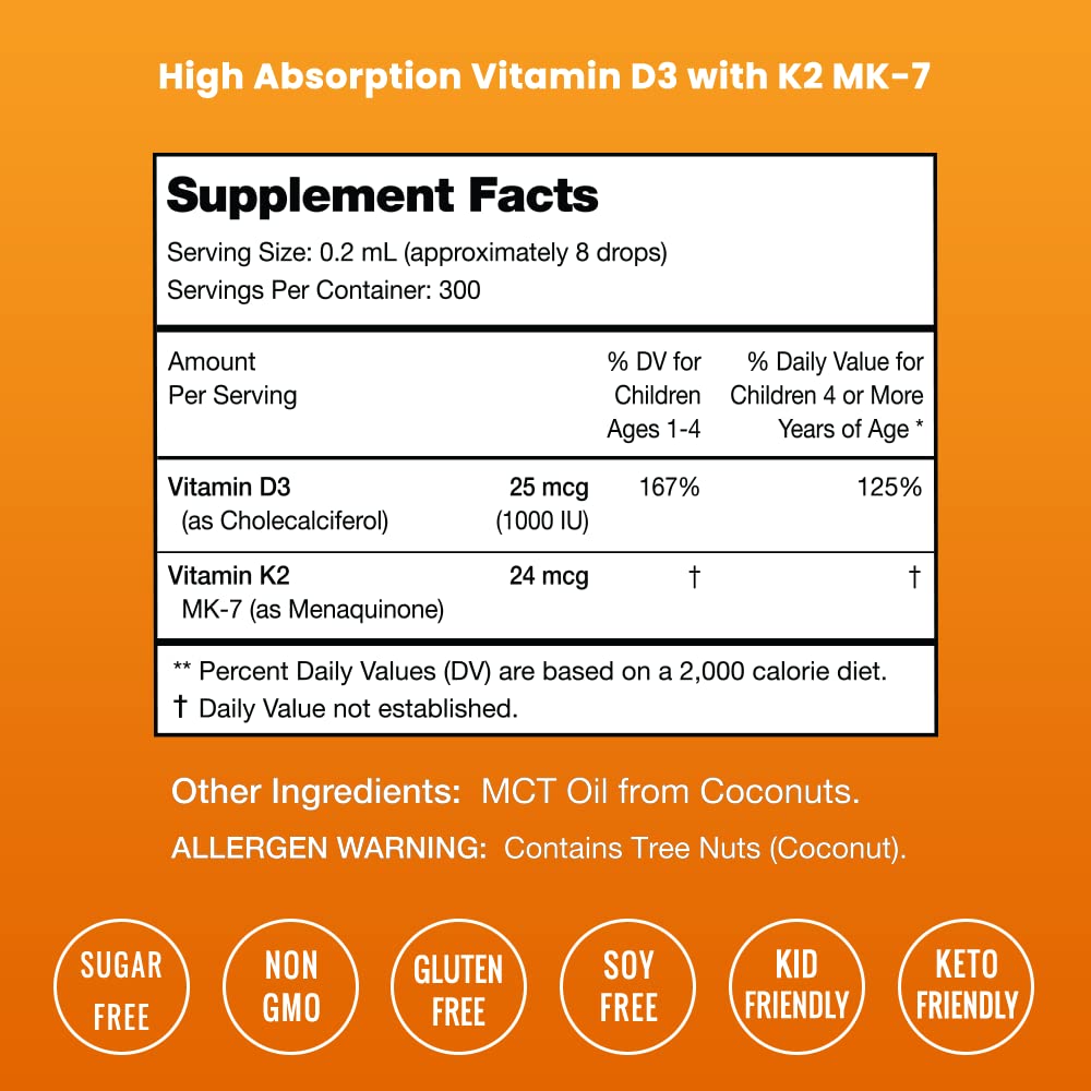 NutraChamps Kids D3 & K2 Drops - 1000 IU Vitamin D for Kids, Sugar-Free Liquid, 300 Servings