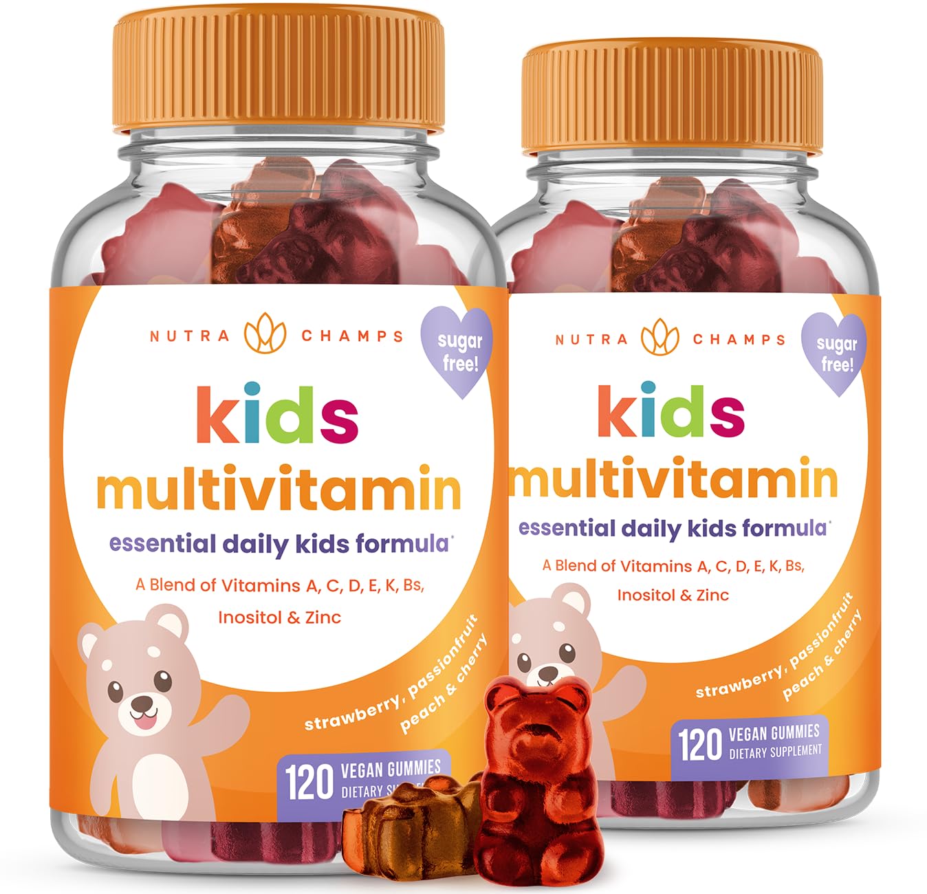 NutraChamps Kids Gummy Vitamins – 120-Count, Sugar-Free, Vegan & Non-GMO | Strawberry, Passionfruit, Peach & Cherry