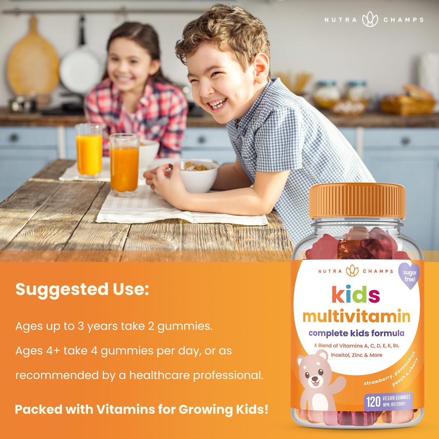 NutraChamps Kids Gummy Vitamins – 120-Count, Sugar-Free, Vegan & Non-GMO | Strawberry, Passionfruit, Peach & Cherry