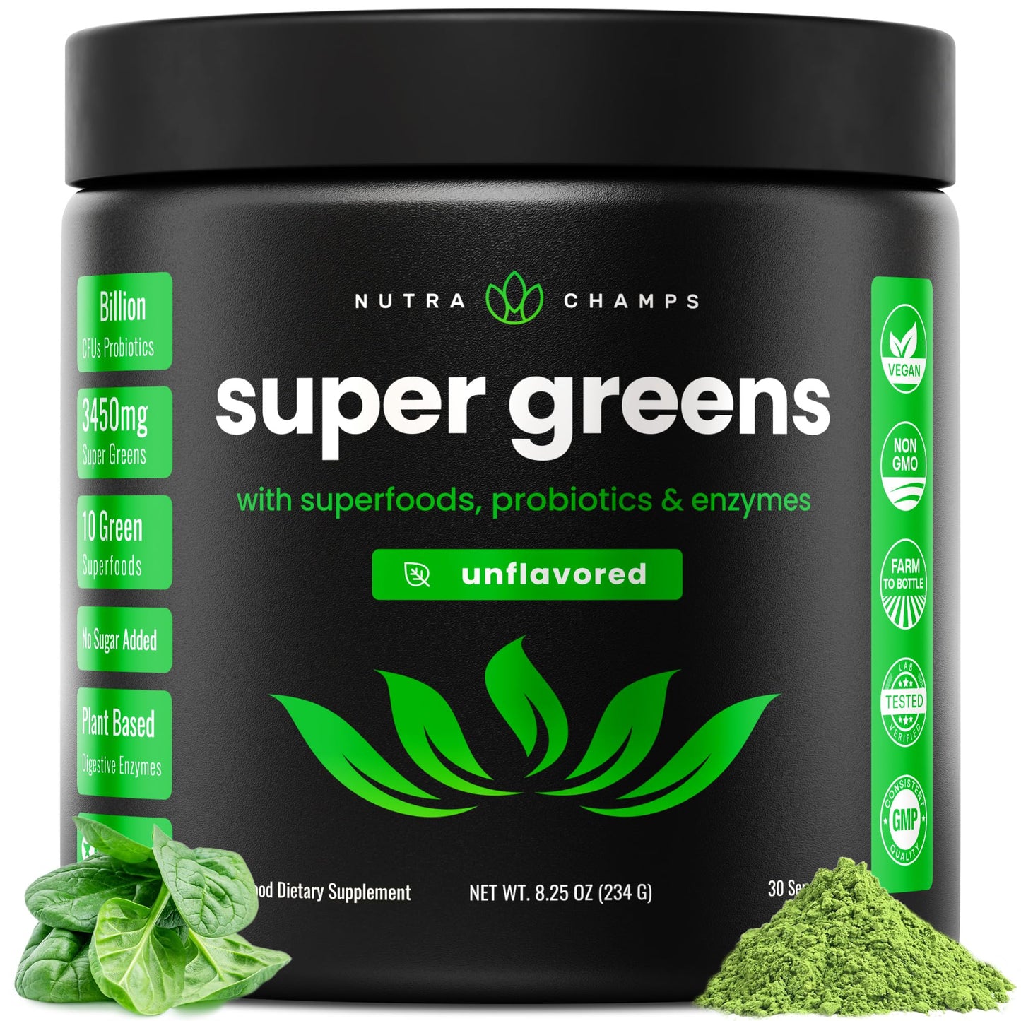 NutraChamps Super Greens Powder – Premium 9.0 oz Unflavored | 20+ Organic Greens, Spirulina & Chlorella