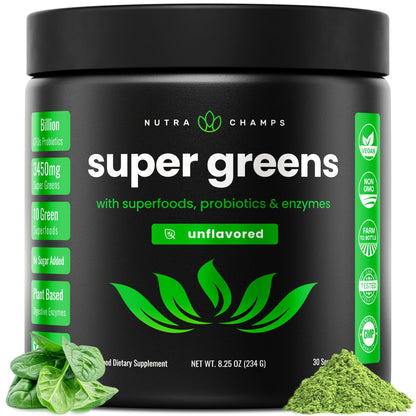 NutraChamps Super Greens Powder – Premium 9.0 oz Unflavored | 20+ Organic Greens, Spirulina & Chlorella