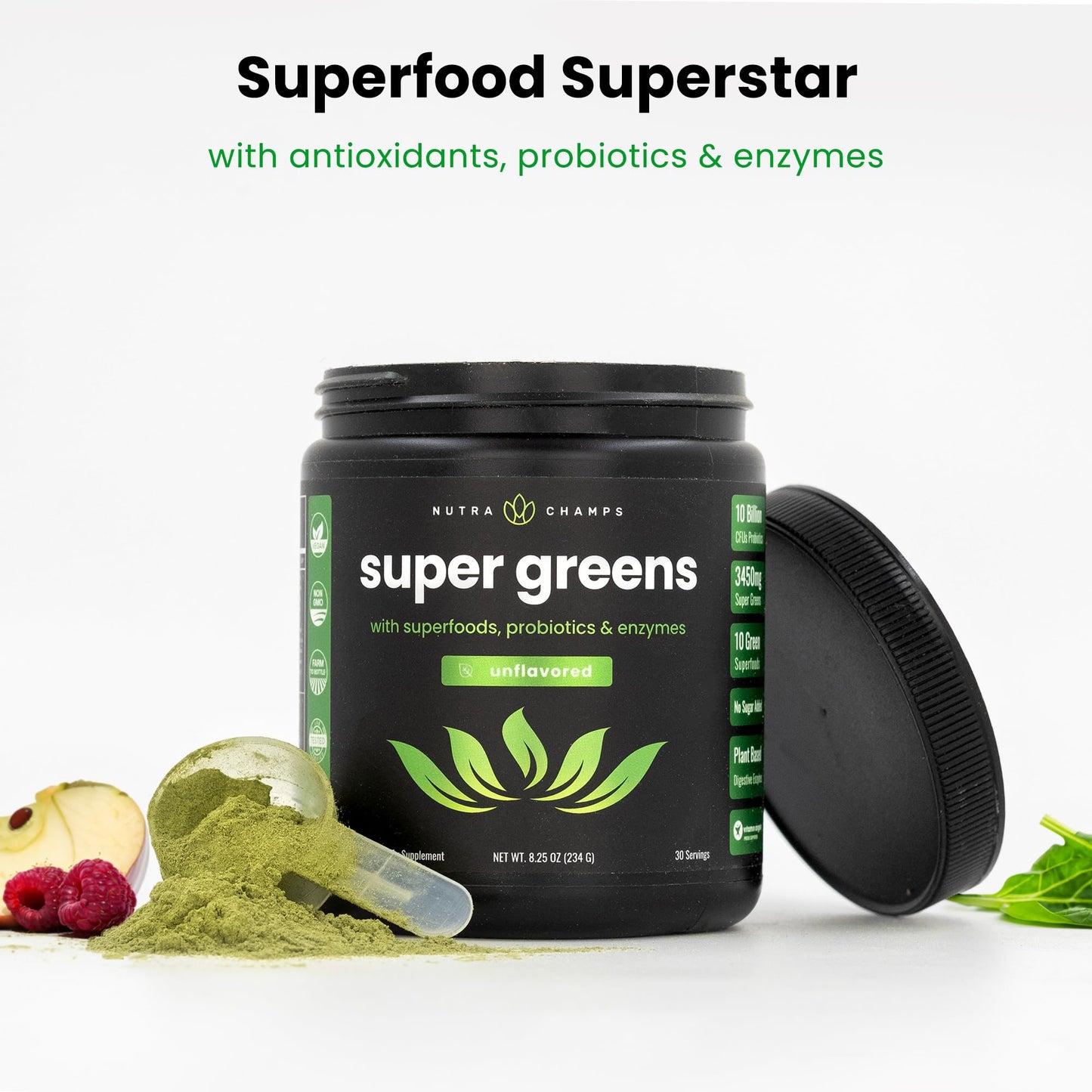 NutraChamps Super Greens Powder – Premium 9.0 oz Unflavored | 20+ Organic Greens, Spirulina & Chlorella