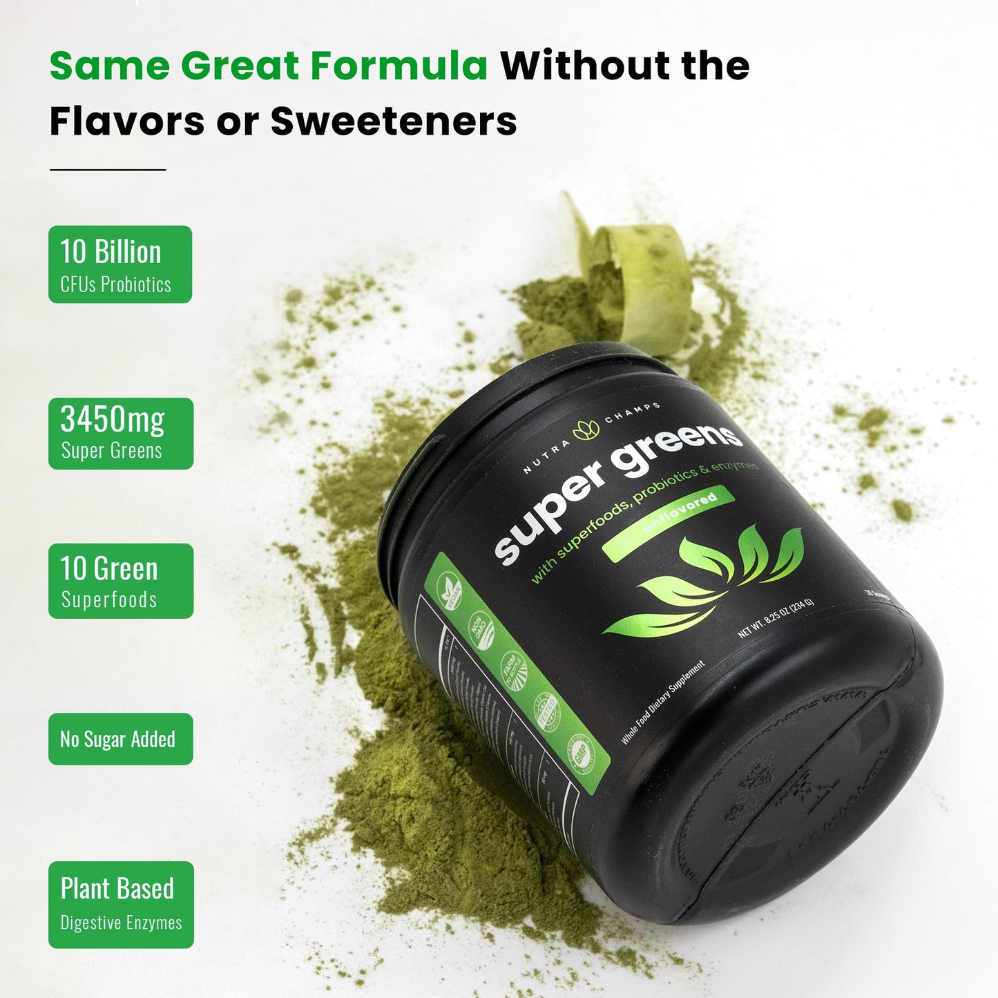 NutraChamps Super Greens Powder – Premium 9.0 oz Unflavored | 20+ Organic Greens, Spirulina & Chlorella