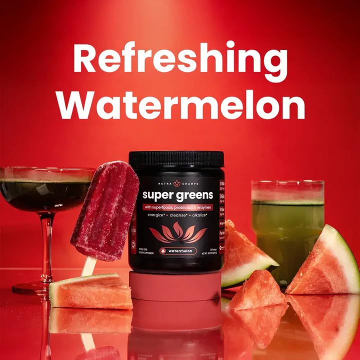 NutraChamps Super Greens Powder Premium Superfood | 20+ Organic Greens & Probiotic Blends | Watermelon