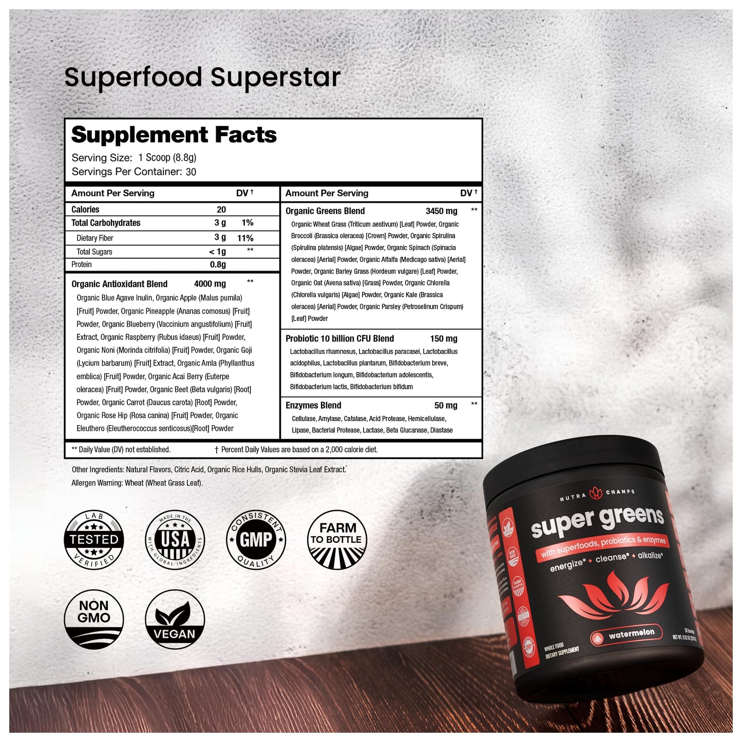NutraChamps Super Greens Powder Premium Superfood | 20+ Organic Greens & Probiotic Blends | Watermelon