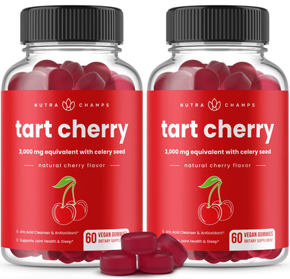NutraChamps Tart Cherry Gummies - 3000mg Tart Cherry Extract + Celery Seed (60 Vegan Gummies) - Uric Acid Cleanse, Joint & Sleep Support