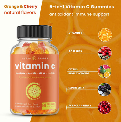 NutraChamps Vitamin C Gummies for Adults & Kids – 5-in-1 Immune Support