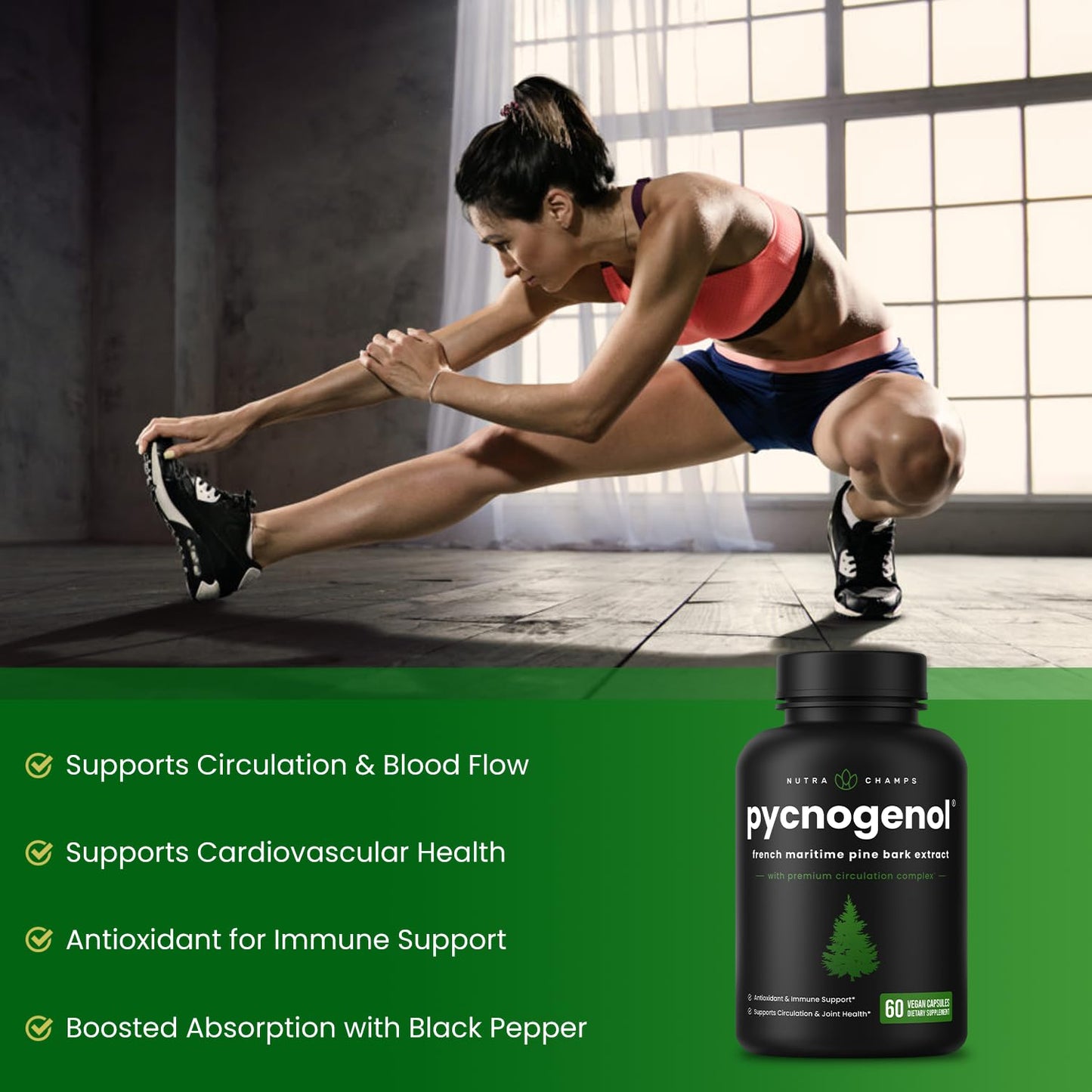 NutraChamps Pycnogenol French Maritime Pine Bark Extract – Premium Circulation & Blood Flow (60 Capsules)
