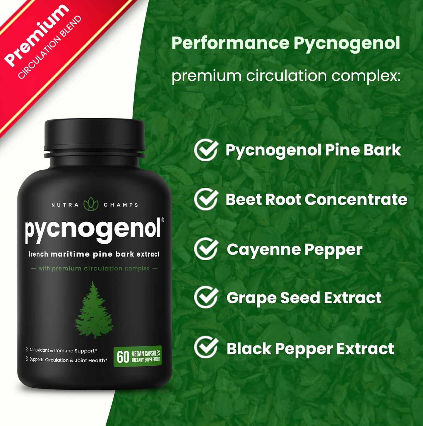 NutraChamps Pycnogenol French Maritime Pine Bark Extract – Premium Circulation & Blood Flow (60 Capsules)