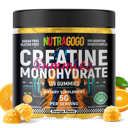 NUTRAGOGO Creatine Monohydrate Gummies for Men & Women - 5g per Serving - Sugar Free, Vegan, Organic Electrolyte Chews, 135 Count