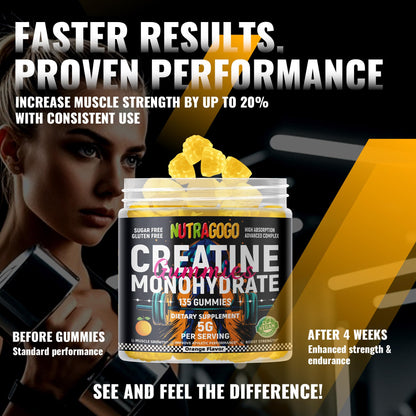 NUTRAGOGO Creatine Monohydrate Gummies for Men & Women - 5g per Serving - Sugar Free, Vegan, Organic Electrolyte Chews, 135 Count