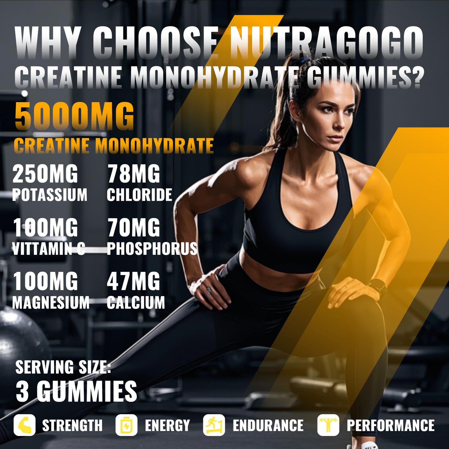 NUTRAGOGO Creatine Monohydrate Gummies for Men & Women - 5g per Serving - Sugar Free, Vegan, Organic Electrolyte Chews, 135 Count