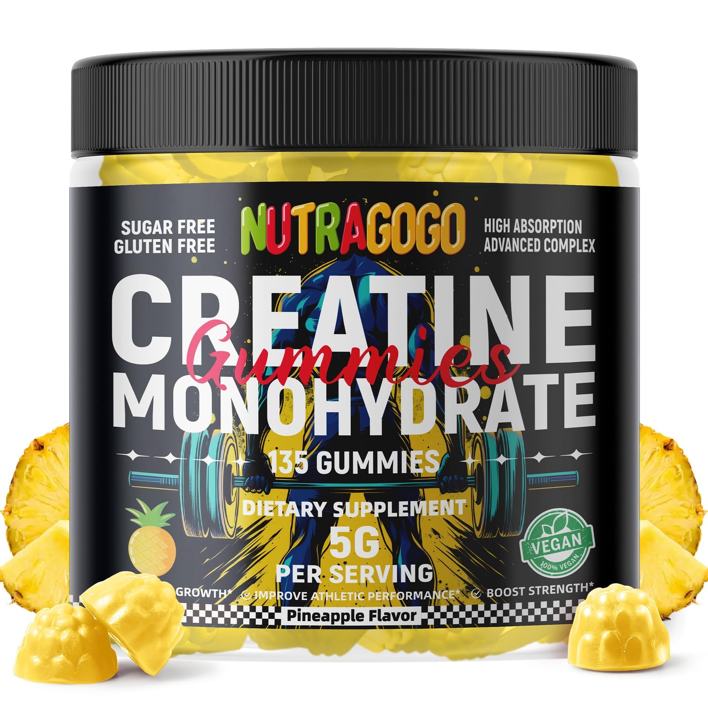 NUTRAGOGO Creatine Monohydrate Gummies – 5g per Serving, Sugar Free, Vegan | Pineapple Electrolyte Chews, 135 Count