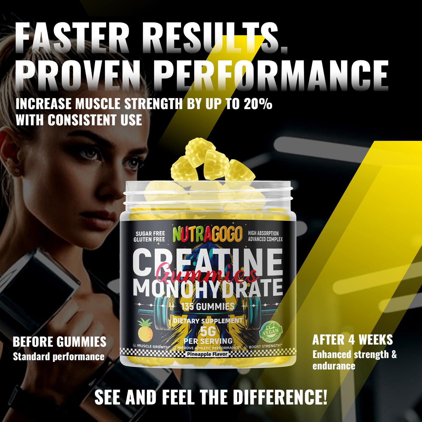 NUTRAGOGO Creatine Monohydrate Gummies – 5g per Serving, Sugar Free, Vegan | Pineapple Electrolyte Chews, 135 Count