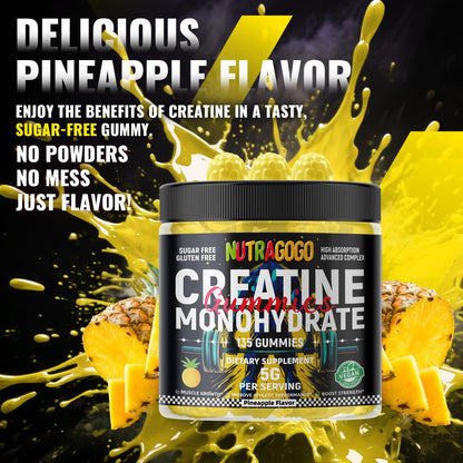NUTRAGOGO Creatine Monohydrate Gummies – 5g per Serving, Sugar Free, Vegan | Pineapple Electrolyte Chews, 135 Count