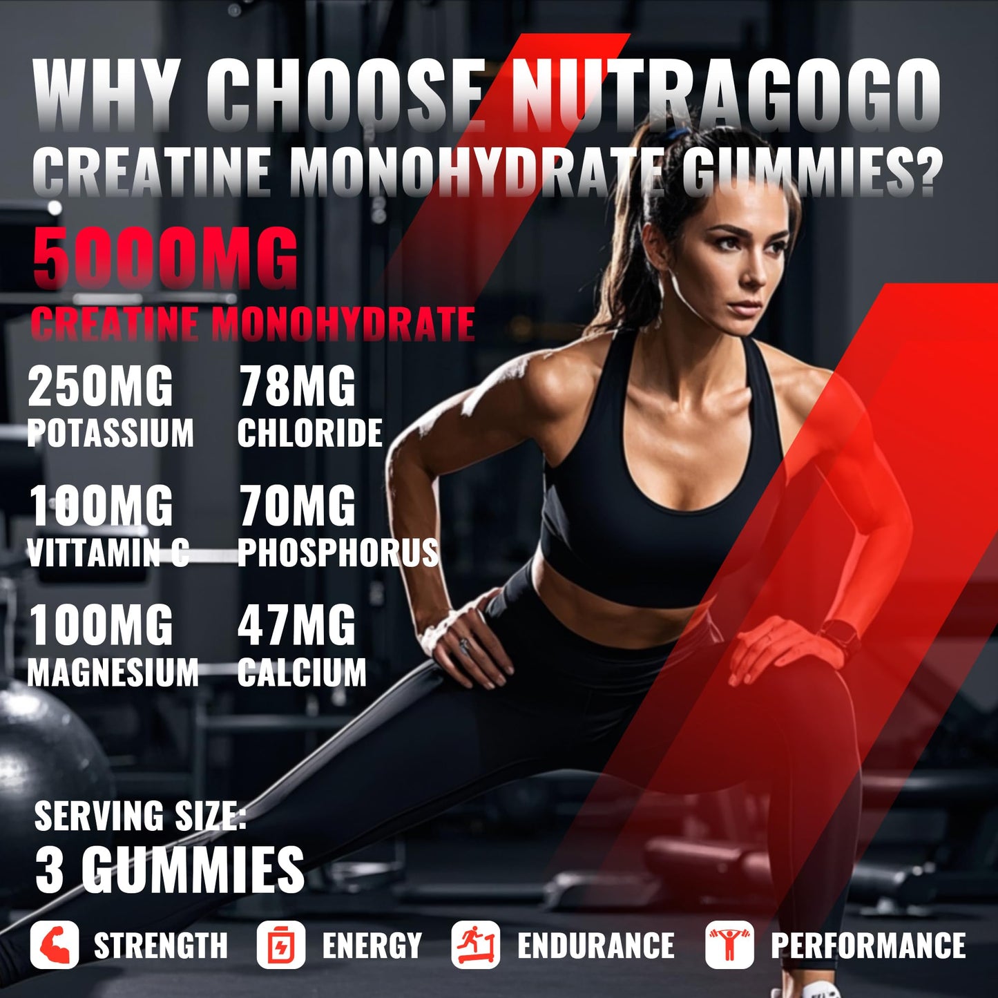 NUTRAGOGO Creatine Monohydrate Gummies – 5g/Serving, Sugar Free, Vegan, 135 Count