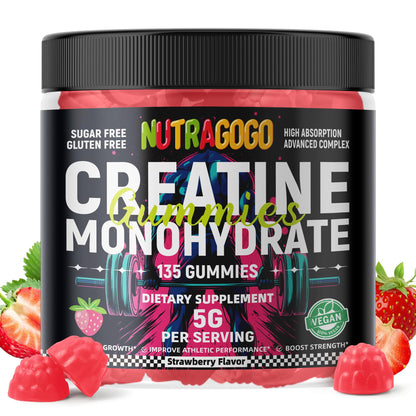 NUTRAGOGO Creatine Monohydrate Gummies – 5g/Serving, Sugar Free, Vegan, 135 Count