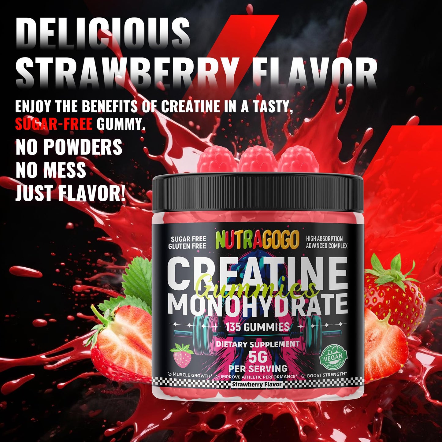 NUTRAGOGO Creatine Monohydrate Gummies – 5g/Serving, Sugar Free, Vegan, 135 Count