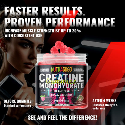 NUTRAGOGO Creatine Monohydrate Gummies – 5g/Serving, Sugar Free, Vegan, 135 Count