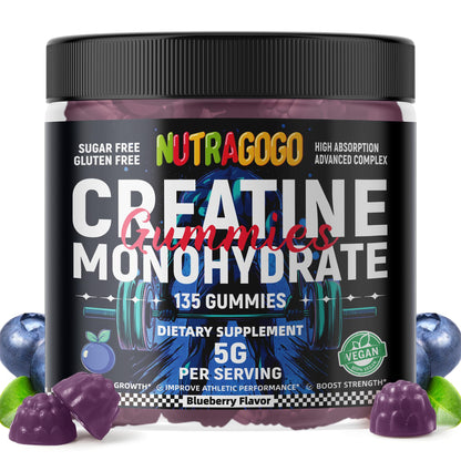 NUTRAGOGO Creatine Monohydrate Gummies – 5g/Serving, Sugar Free, Vegan, Blueberry Electrolyte