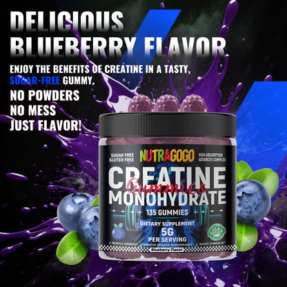 NUTRAGOGO Creatine Monohydrate Gummies – 5g/Serving, Sugar Free, Vegan, Blueberry Electrolyte