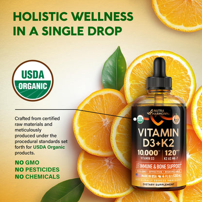 Vitamin D3 K2 USDA Organic Drops – 10,000 IU D3 + 120 mcg MK-7