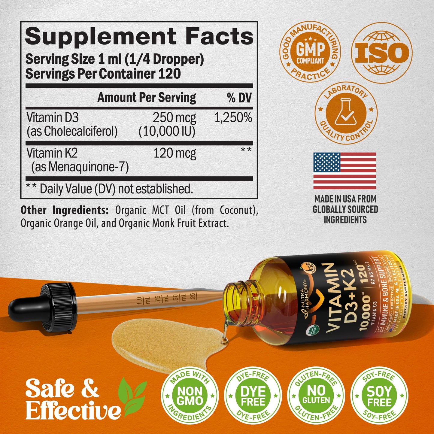 Vitamin D3 K2 USDA Organic Drops – 10,000 IU D3 + 120 mcg MK-7