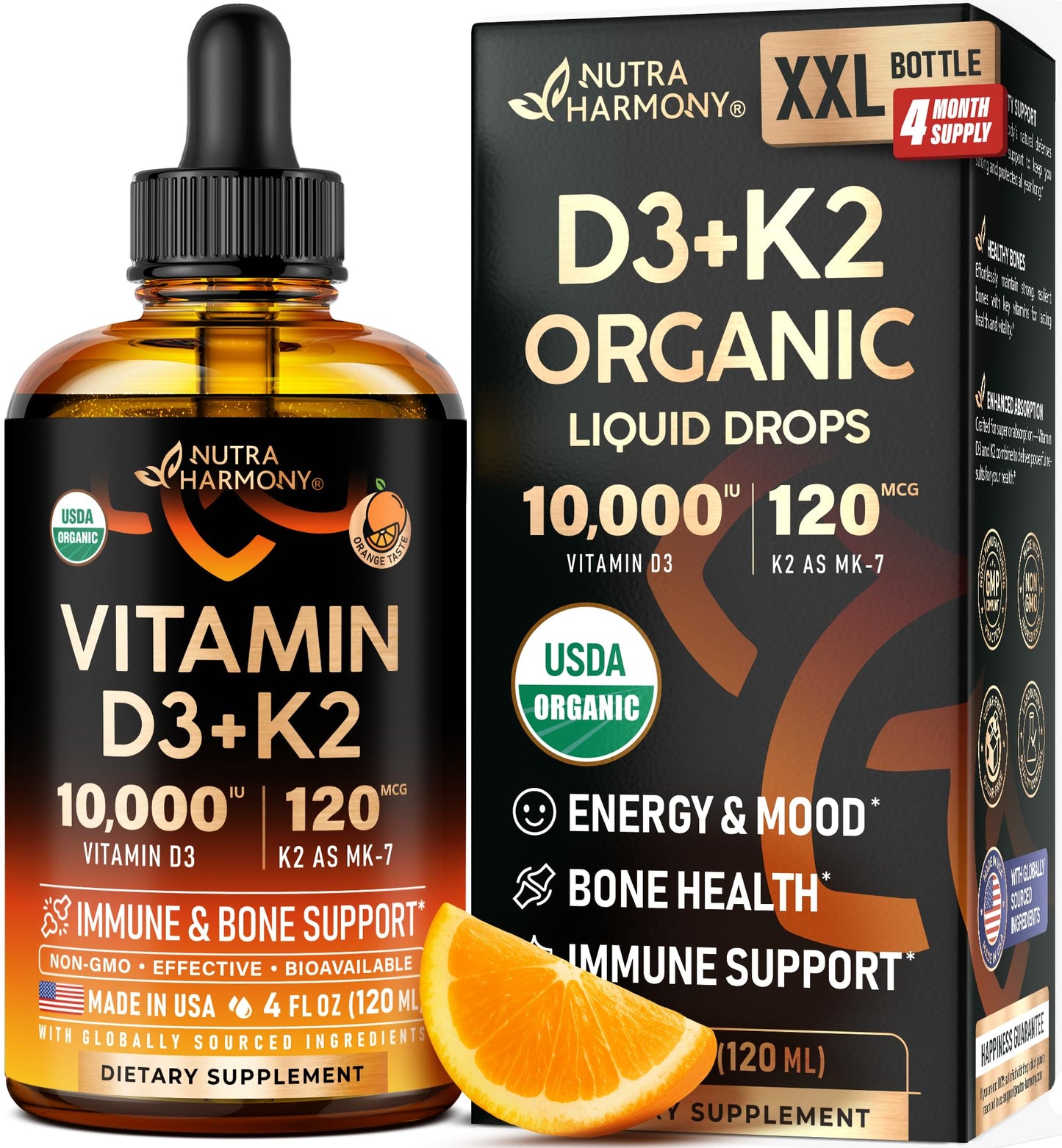 Vitamin D3 K2 USDA Organic Drops – 10,000 IU D3 + 120 mcg MK-7