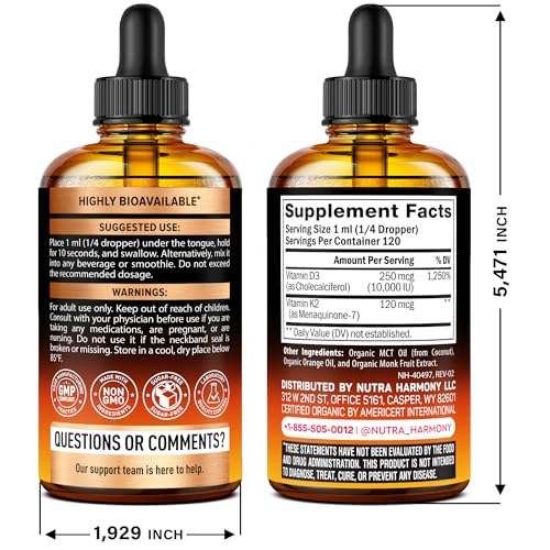 Vitamin D3 K2 USDA Organic Drops – 10,000 IU D3 + 120 mcg MK-7