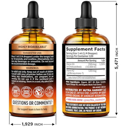 Vitamin D3 K2 USDA Organic Drops – 10,000 IU D3 + 120 mcg MK-7