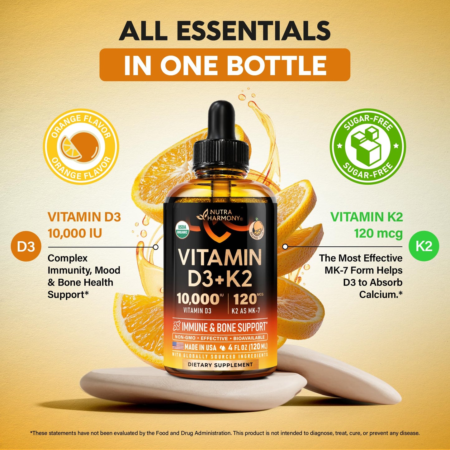 Vitamin D3 K2 USDA Organic Drops – 10,000 IU D3 + 120 mcg MK-7