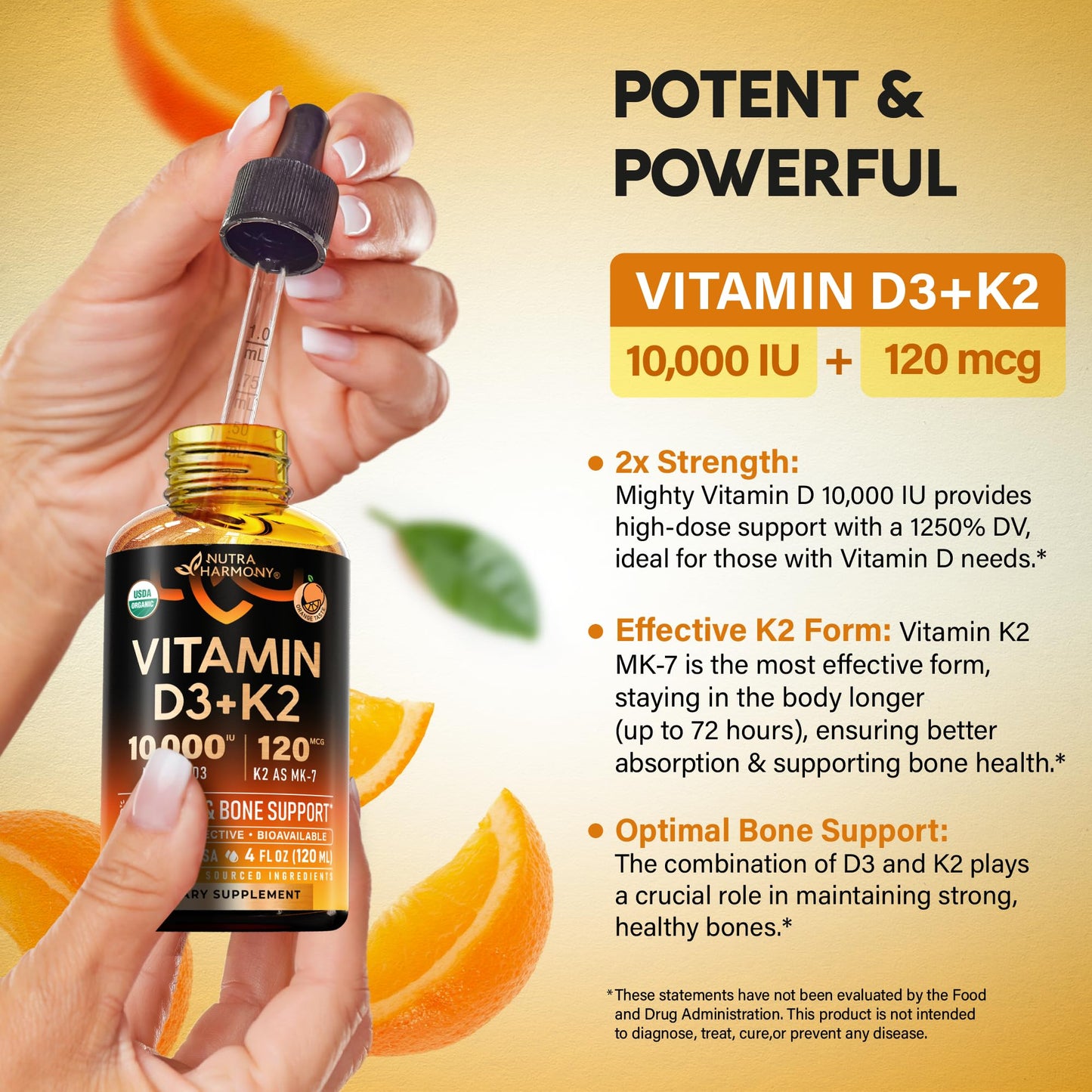 Vitamin D3 K2 USDA Organic Drops – 10,000 IU D3 + 120 mcg MK-7