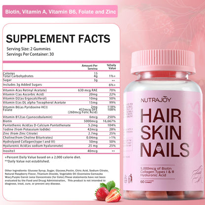 NUTRAJOY Biotin Gummies 5000 mcg – Hair Skin & Nails, Strawberry, 30 Gummies