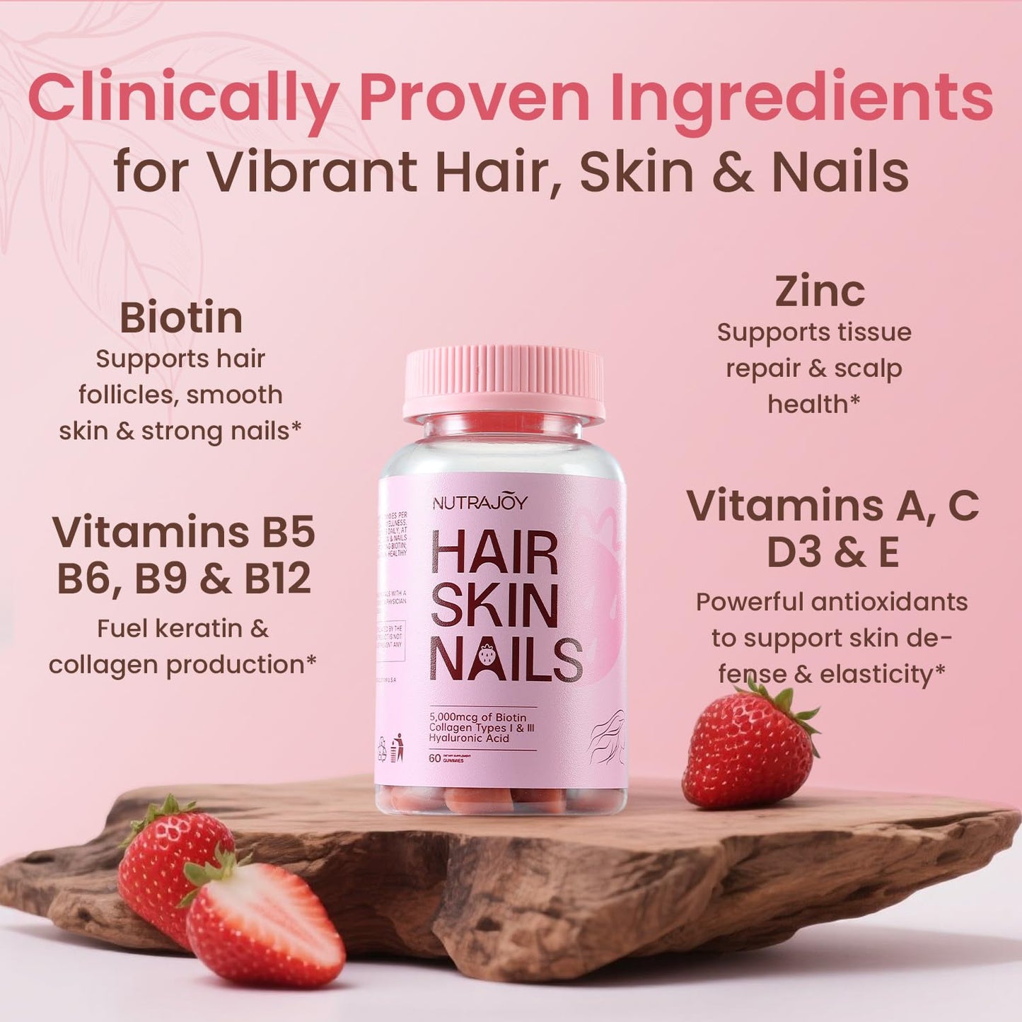 NUTRAJOY Biotin Gummies 5000 mcg – Hair Skin & Nails, Strawberry, 30 Gummies