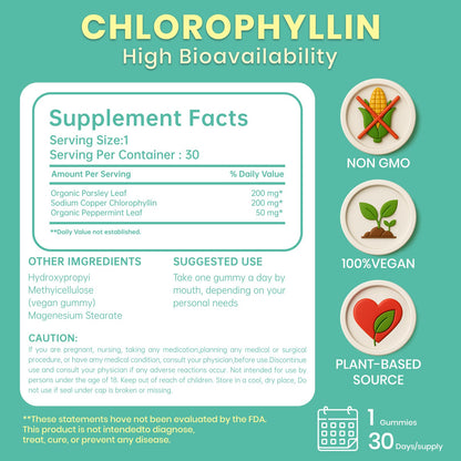NUTRAJOY Chlorophyll Gummies – Body Odor Eliminator for Women & Men, Digestion Health, Vegan Sugar Free, 30 Gummies