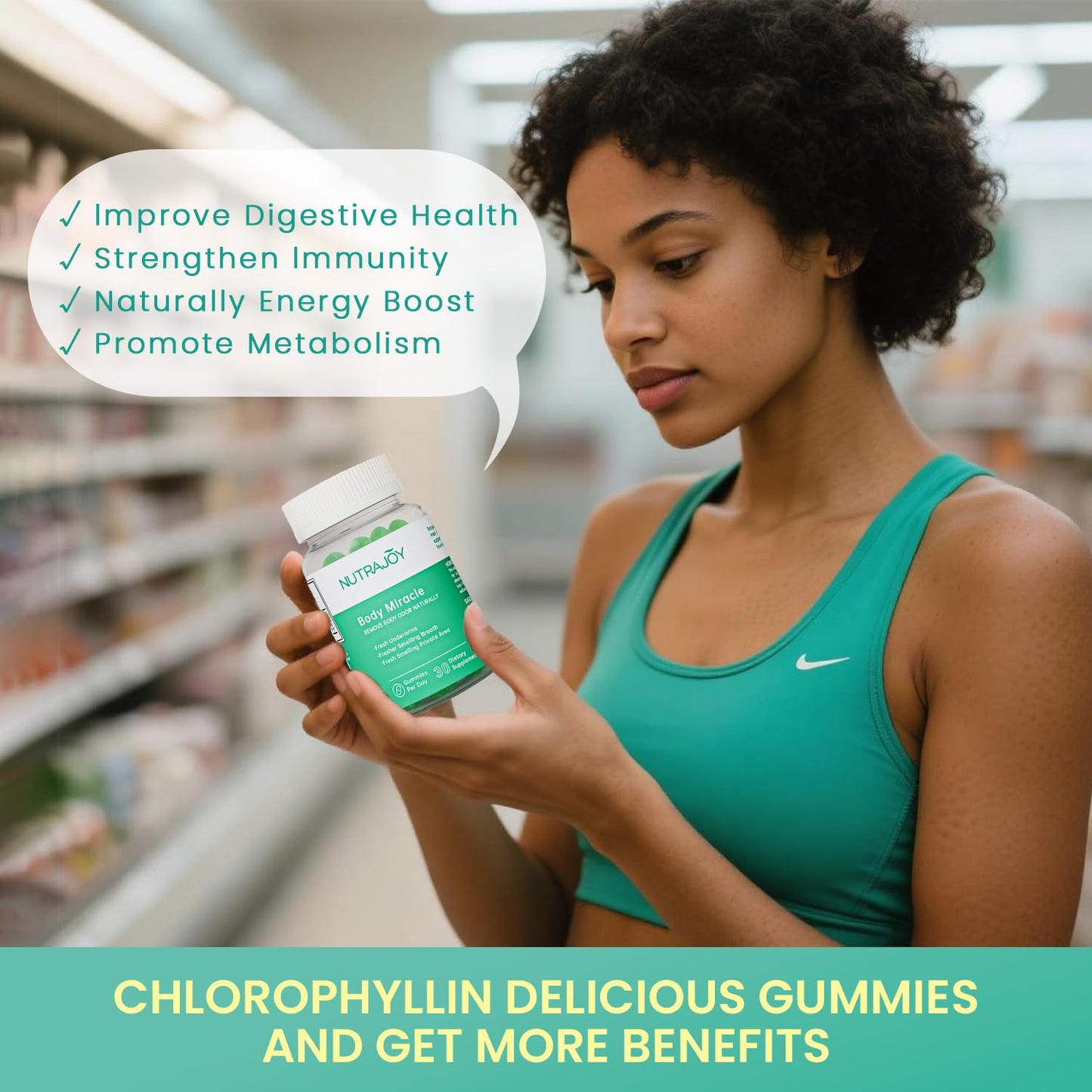 NUTRAJOY Chlorophyll Gummies – Body Odor Eliminator for Women & Men, Digestion Health, Vegan Sugar Free, 30 Gummies