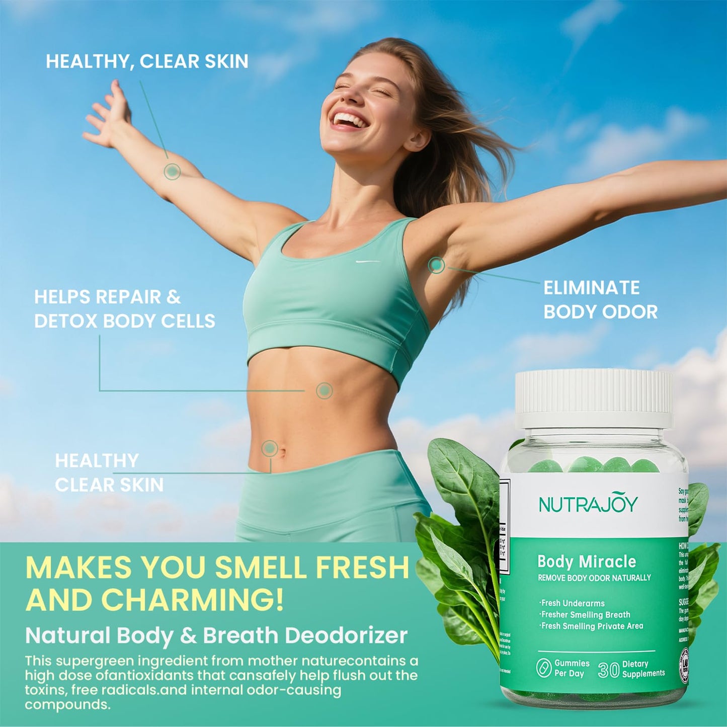 NUTRAJOY Chlorophyll Gummies – Body Odor Eliminator for Women & Men, Digestion Health, Vegan Sugar Free, 30 Gummies