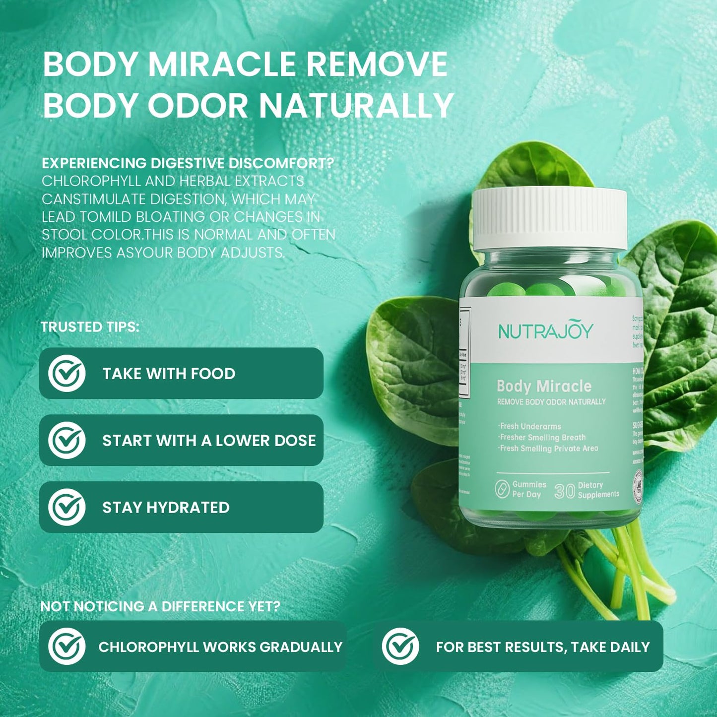 NUTRAJOY Chlorophyll Gummies – Body Odor Eliminator for Women & Men, Digestion Health, Vegan Sugar Free, 30 Gummies