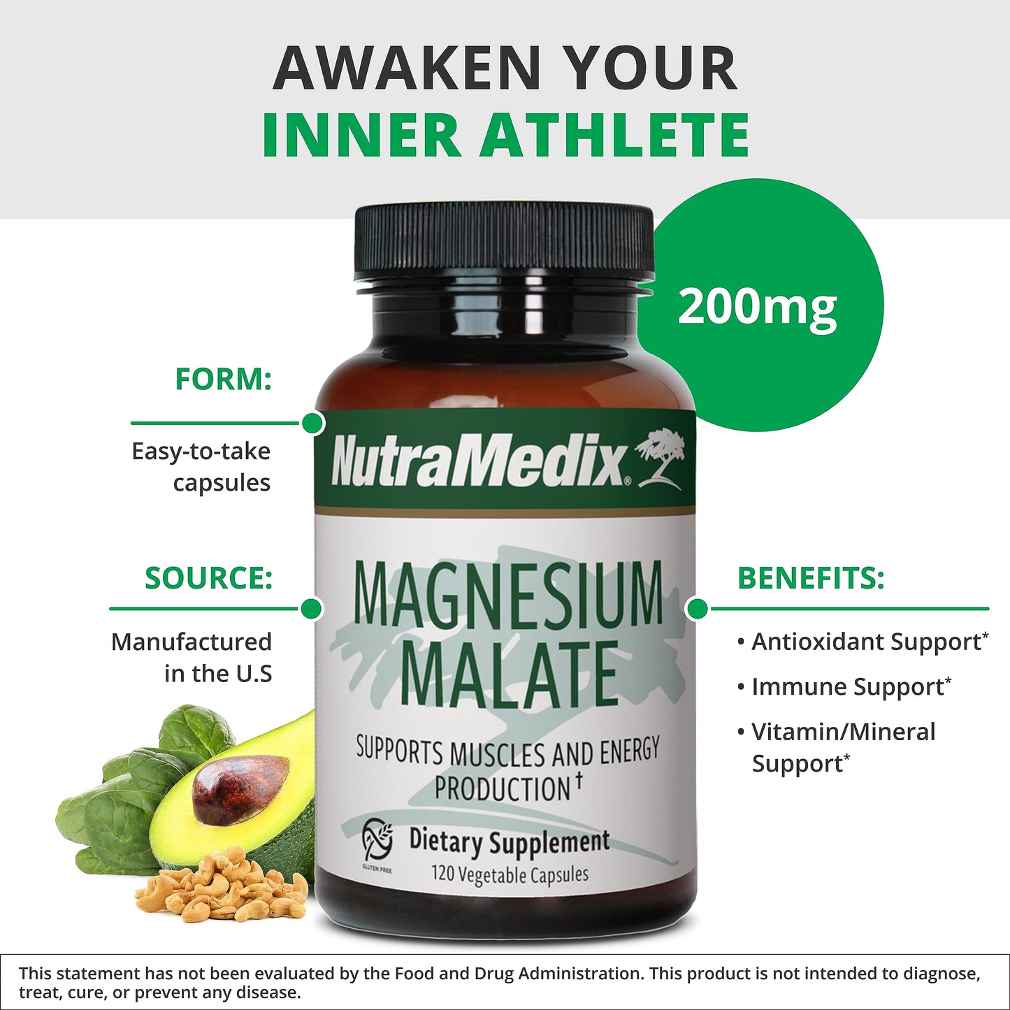 NutraMedix Magnesium Malate Energy Supplements - Bioavailable Magnesium for Sleep, Immune Support & Joint Health - Vegan, Non-GMO & Gluten-Free Magnesium Supplements (120 Vegetarian Capsules)