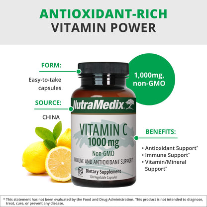 NutraMedix Vitamin C 1000mg – Immune Support & Heart Health | 120 Vegetarian Capsules | Vegan, Non-GMO