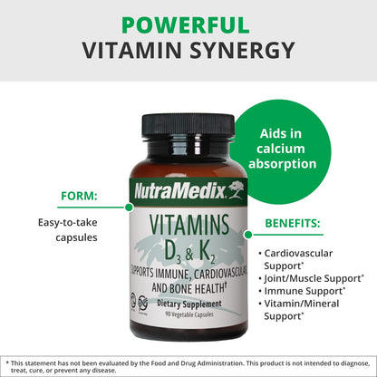 NutraMedix Vitamin D3 & K2 Immune Support for Heart Health and Calcium Metabolism (90 Capsules)