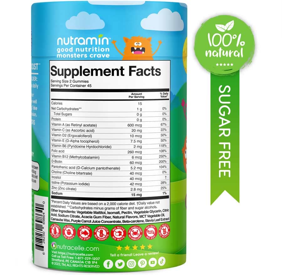 NUTRAMIN Sugar-Free Vegan Gummy Multivitamins for Kids – 90 Count Bottle | Nutracelle