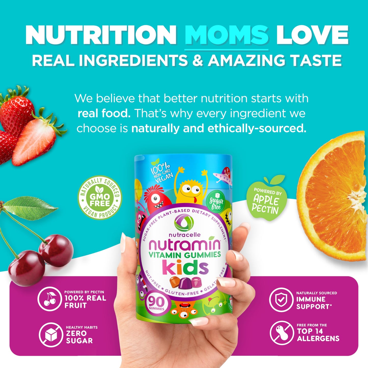 NUTRAMIN Sugar-Free Vegan Gummy Multivitamins for Kids – 90 Count Bottle | Nutracelle