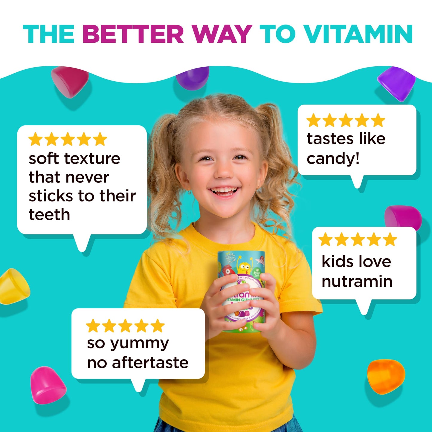 NUTRAMIN Sugar-Free Vegan Gummy Multivitamins for Kids – 90 Count Bottle | Nutracelle