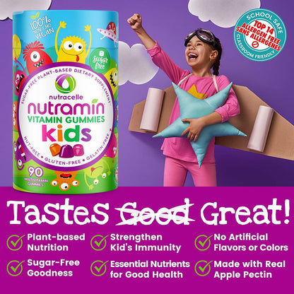 NUTRAMIN Sugar-Free Vegan Gummy Multivitamins for Kids – 90 Count Bottle | Nutracelle